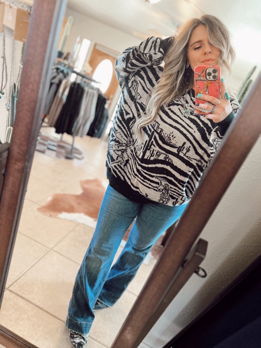 Women's Black & Cream Crew Neck Sweater - Desert Stripe Knit - Picture 2 of 7